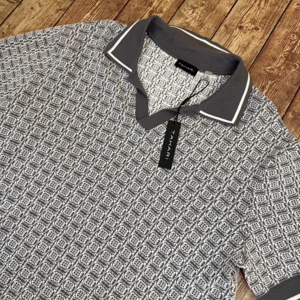 Tahari Geometric Knit Polo Shirt Mens Large Iron White Short Sleeve V Neck NWT